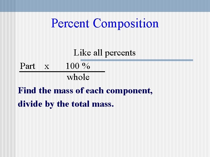 Percent Composition Like all percents Part x 100 % whole Find the mass of