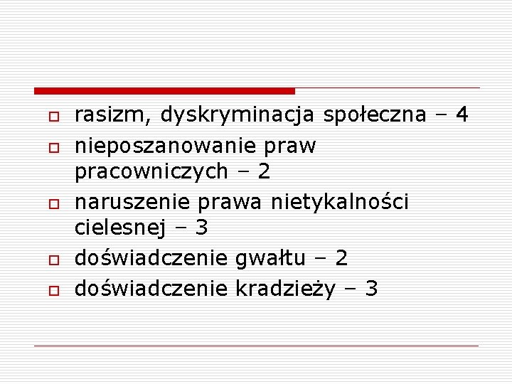 o o o rasizm, dyskryminacja społeczna – 4 nieposzanowanie praw pracowniczych – 2 naruszenie