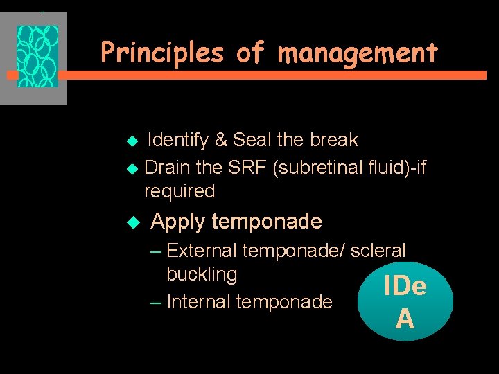 Principles of management u Identify & Seal the break u Drain the SRF (subretinal