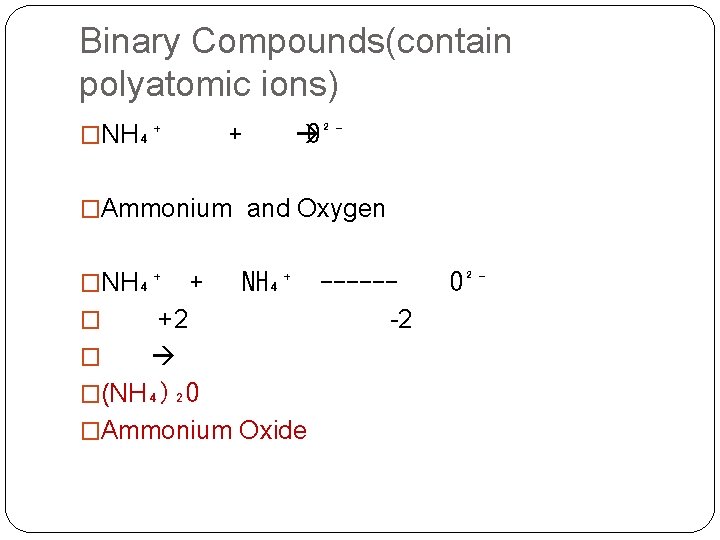 Binary Compounds(contain polyatomic ions) �NH₄⁺ + O²⁻ �Ammonium and Oxygen �NH₄⁺ + NH₄⁺ -----�