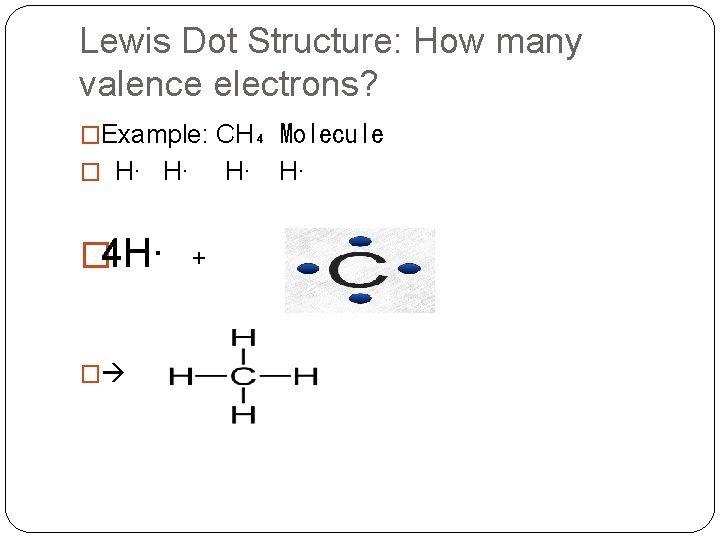 Lewis Dot Structure: How many valence electrons? �Example: CH₄ Molecule � H∙ H∙ �