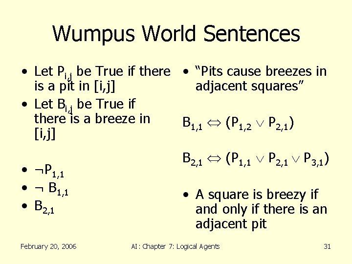 Wumpus World Sentences • Let Pi, j be True if there • “Pits cause