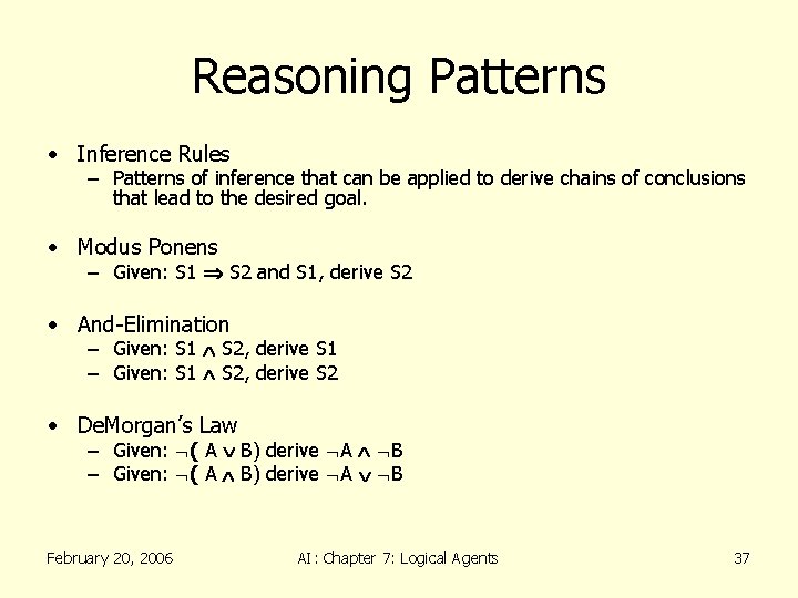 Reasoning Patterns • Inference Rules – Patterns of inference that can be applied to