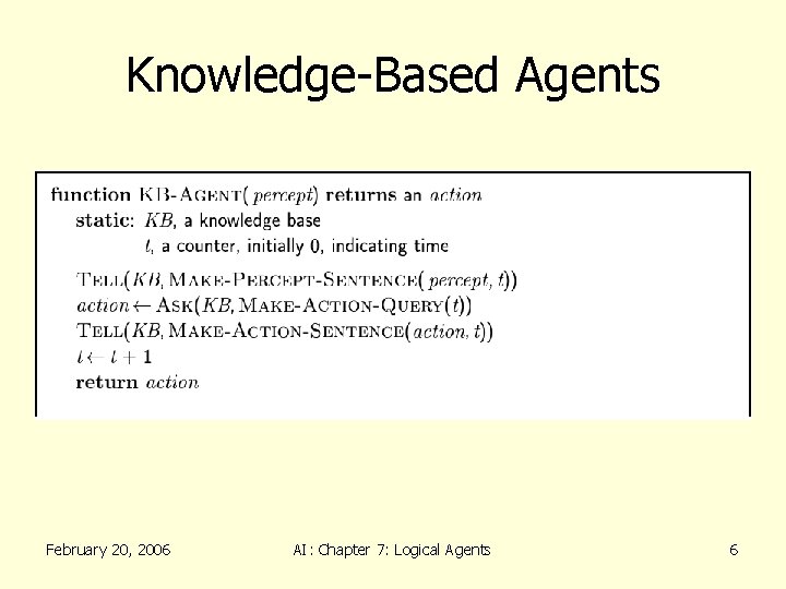 Knowledge-Based Agents February 20, 2006 AI: Chapter 7: Logical Agents 6 