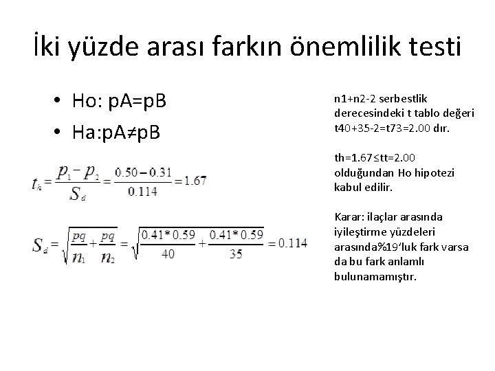 İki yüzde arası farkın önemlilik testi • Ho: p. A=p. B • Ha: p.