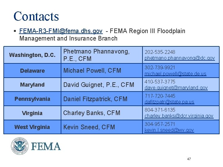 Contacts § FEMA-R 3 -FMI@fema. dhs. gov - FEMA Region III Floodplain Management and Contacts § FEMA-R 3 -FMI@fema. dhs. gov - FEMA Region III Floodplain Management and