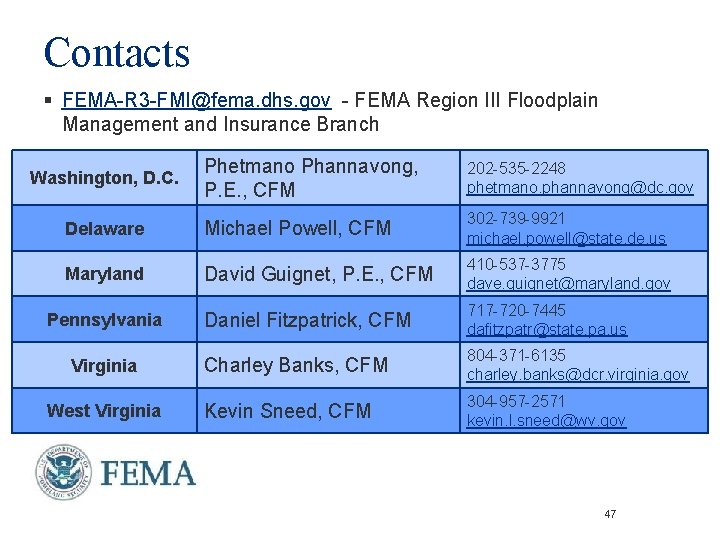Contacts § FEMA-R 3 -FMI@fema. dhs. gov - FEMA Region III Floodplain Management and