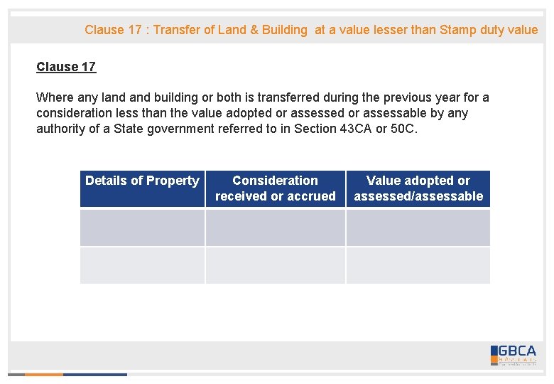 Clause 17 : Transfer of Land & Building at a value lesser than Stamp