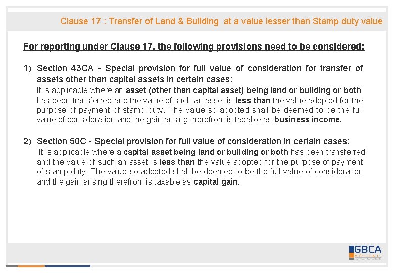 Clause 17 : Transfer of Land & Building at a value lesser than Stamp