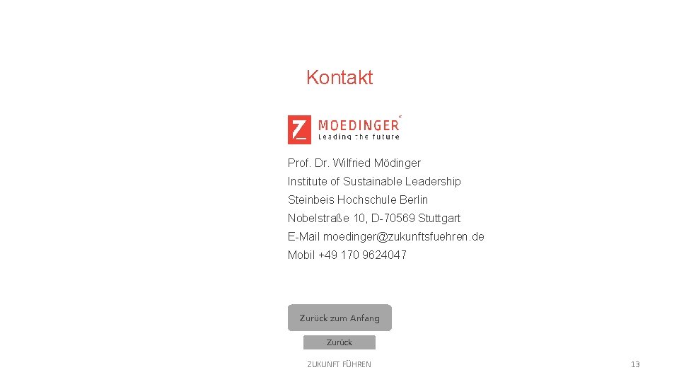 Kontakt Prof. Dr. Wilfried Mödinger Institute of Sustainable Leadership Steinbeis Hochschule Berlin Nobelstraße 10,