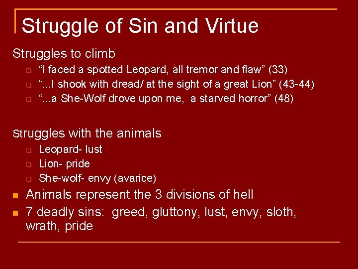Struggle of Sin and Virtue Struggles to climb “I faced a spotted Leopard, all