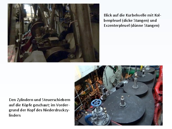 Blick auf die Kurbelwelle mit Kolbenpleuel (dicke Stangen) und Exzenterpleuel (dünne Stangen) Den Zylindern Blick auf die Kurbelwelle mit Kolbenpleuel (dicke Stangen) und Exzenterpleuel (dünne Stangen) Den Zylindern