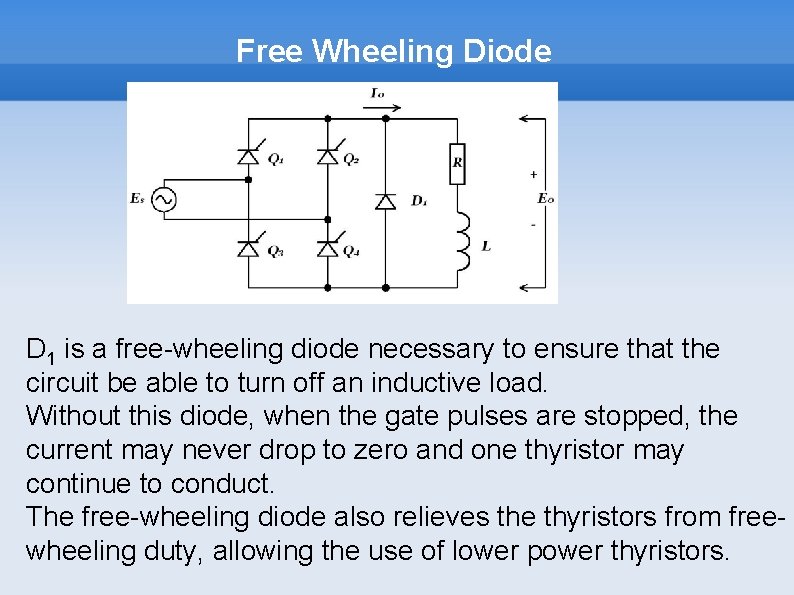 Free Wheeling Diode D 1 is a free-wheeling diode necessary to ensure that the