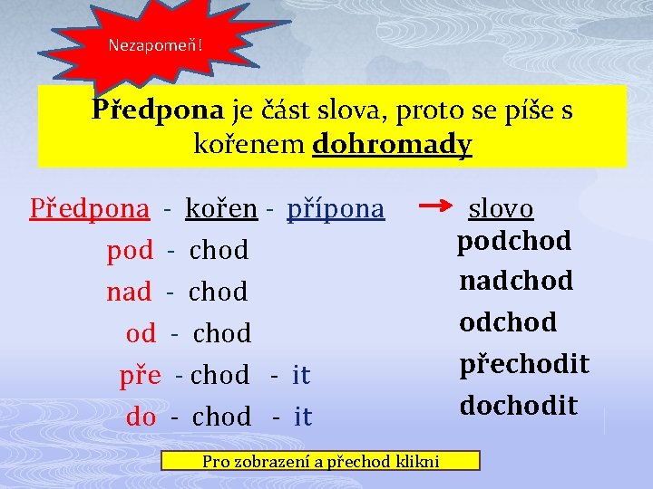 Nezapomeň! Předpona je část slova, proto se píše s kořenem dohromady Předpona - kořen