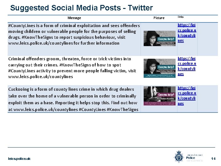 Suggested Social Media Posts - Twitter Message Picture links #County. Lines is a form