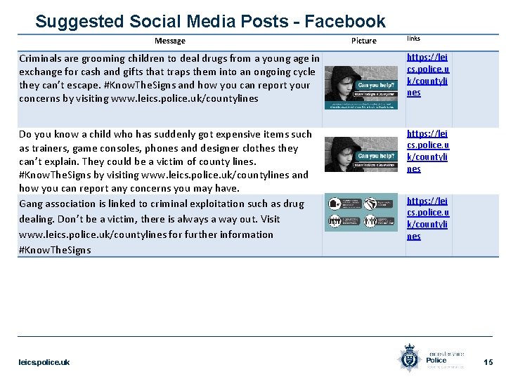 Suggested Social Media Posts - Facebook Message Picture links Criminals are grooming children to
