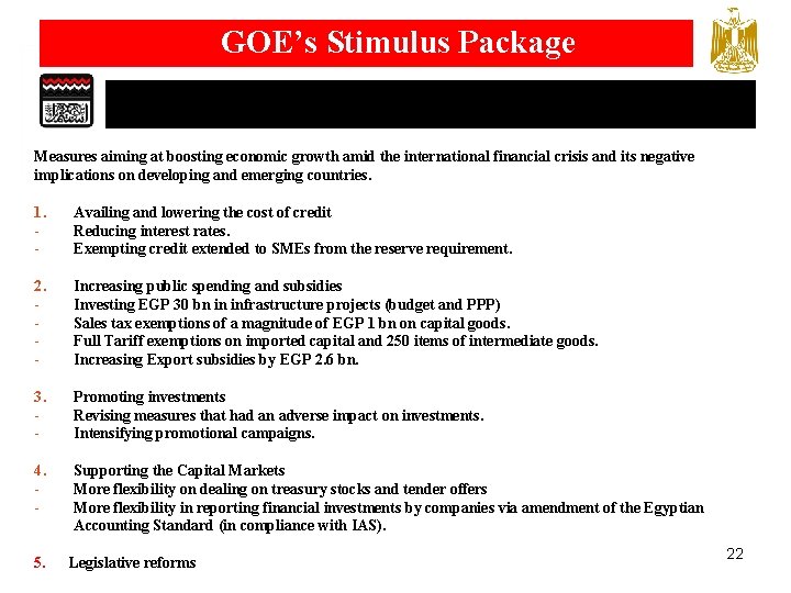 GOE’s Stimulus Package Measures aiming at boosting economic growth amid the international financial crisis