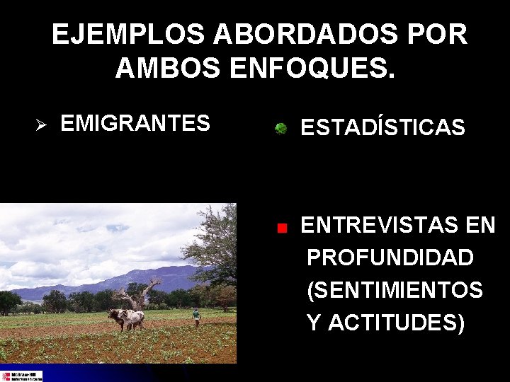 EJEMPLOS ABORDADOS POR AMBOS ENFOQUES. Ø EMIGRANTES ESTADÍSTICAS ENTREVISTAS EN PROFUNDIDAD (SENTIMIENTOS Y ACTITUDES)