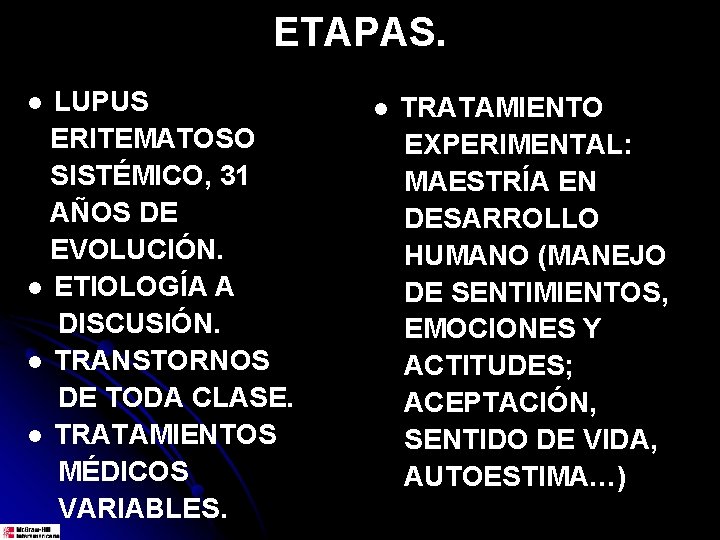 ETAPAS. LUPUS ERITEMATOSO SISTÉMICO, 31 AÑOS DE EVOLUCIÓN. l ETIOLOGÍA A DISCUSIÓN. l TRANSTORNOS