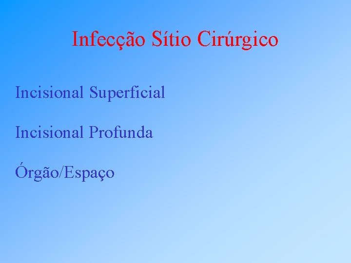 Infecção Sítio Cirúrgico Incisional Superficial Incisional Profunda Órgão/Espaço 