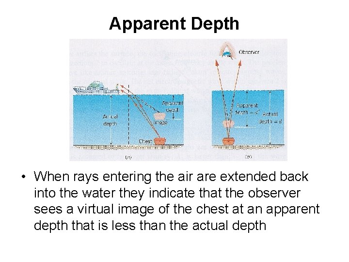 Apparent Depth • When rays entering the air are extended back into the water