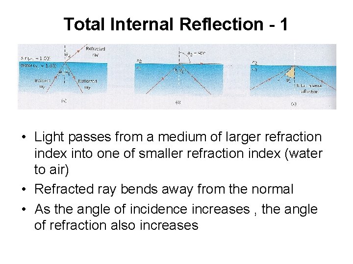 Total Internal Reflection - 1 • Light passes from a medium of larger refraction