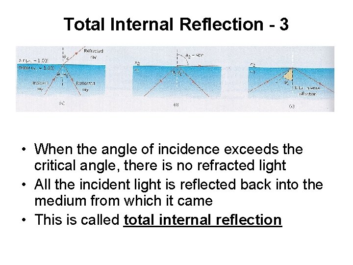 Total Internal Reflection - 3 • When the angle of incidence exceeds the critical