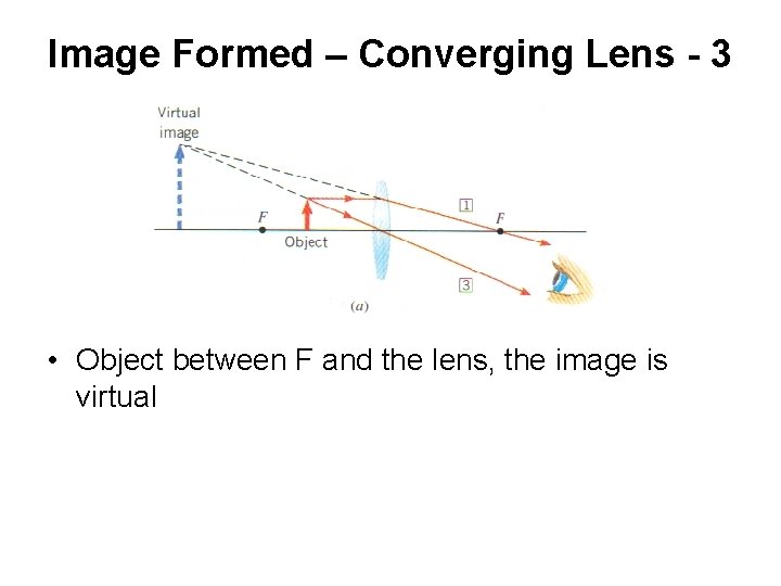 Image Formed – Converging Lens - 3 • Object between F and the lens,