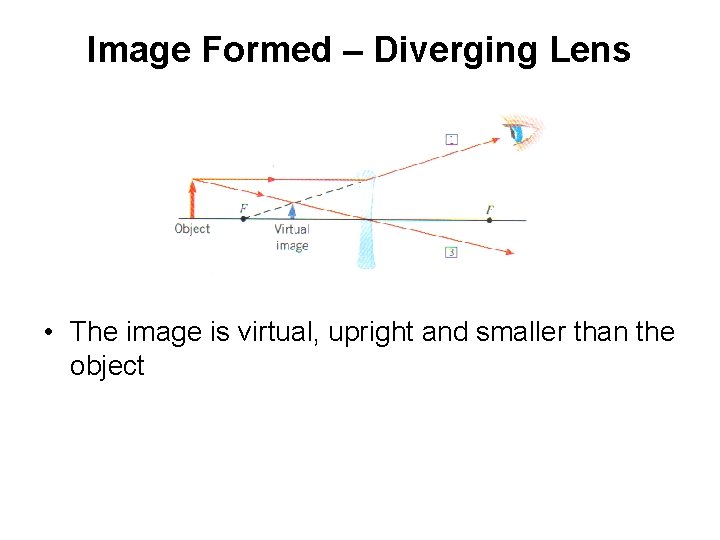 Image Formed – Diverging Lens • The image is virtual, upright and smaller than