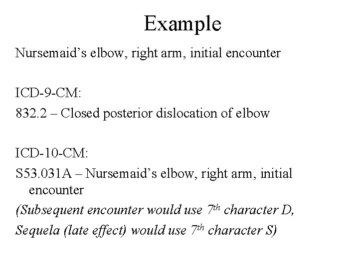 Example Nursemaid’s elbow, right arm, initial encounter ICD-9 -CM: 832. 2 – Closed posterior