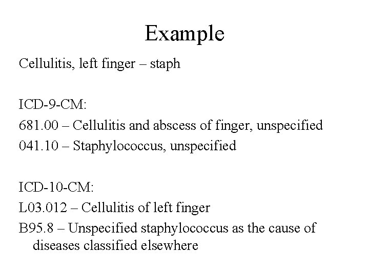 Example Cellulitis, left finger – staph ICD-9 -CM: 681. 00 – Cellulitis and abscess