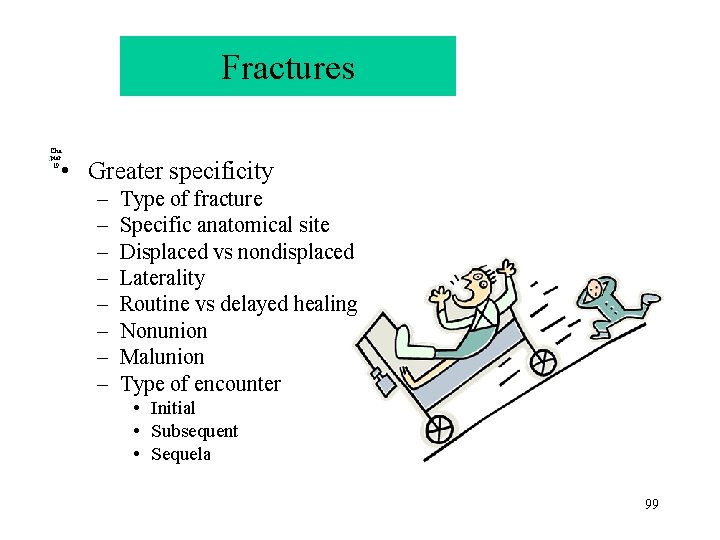 Fractures Cha pter 19 • Greater specificity – – – – Type of fracture