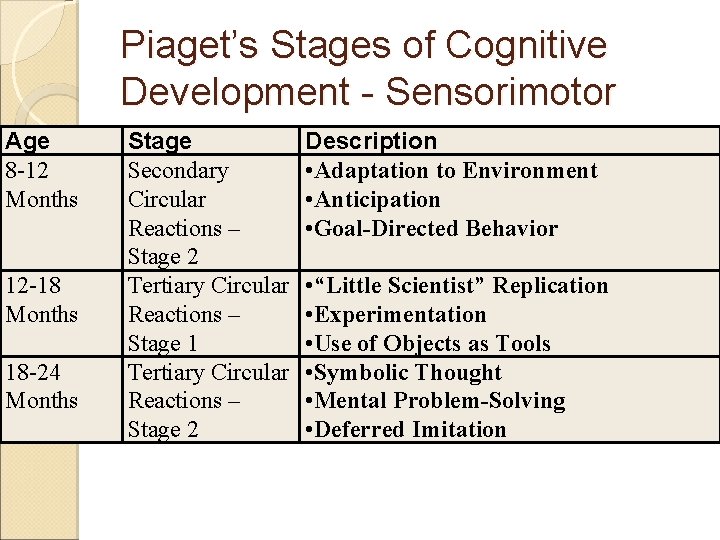 Piaget’s Stages of Cognitive Development - Sensorimotor Age 8 -12 Months 12 -18 Months