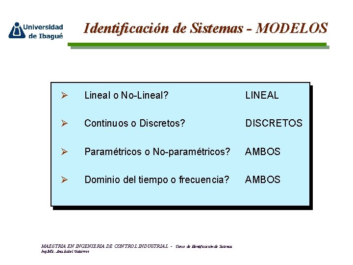 Identificación de Sistemas - MODELOS Ø Lineal o No-Lineal? LINEAL Ø Continuos o Discretos?