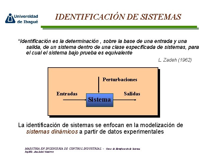 IDENTIFICACIÓN DE SISTEMAS “Identificación es la determinación , sobre la base de una entrada