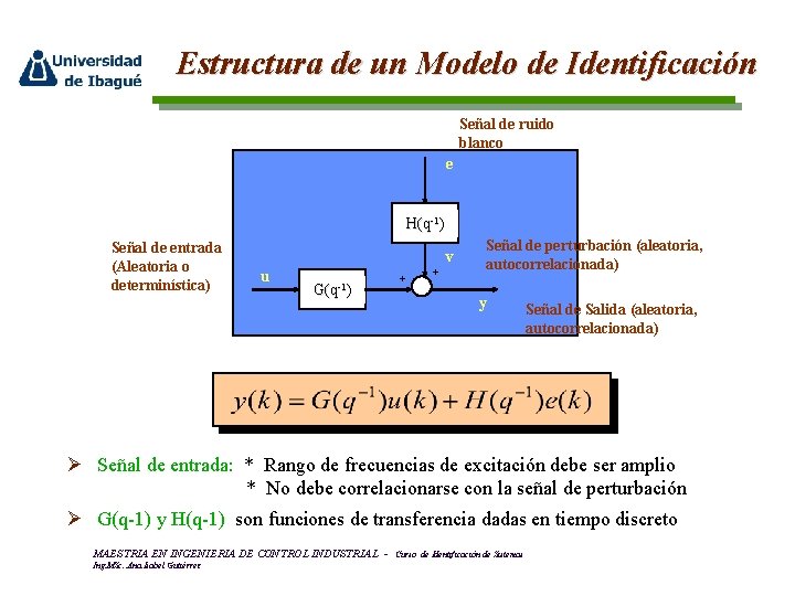 Estructura de un Modelo de Identificación Señal de ruido blanco e H(q H (q-1