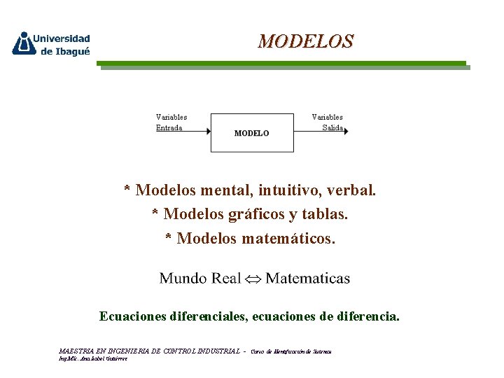 MODELOS * Modelos mental, intuitivo, verbal. * Modelos gráficos y tablas. * Modelos matemáticos.