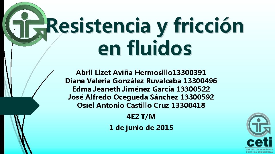 Resistencia y fricción en fluidos Abril Lizet Aviña Hermosillo 13300391 Diana Valeria González Ruvalcaba