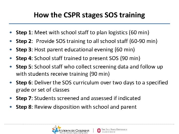 How the CSPR stages SOS training • • • Step 1: Meet with school