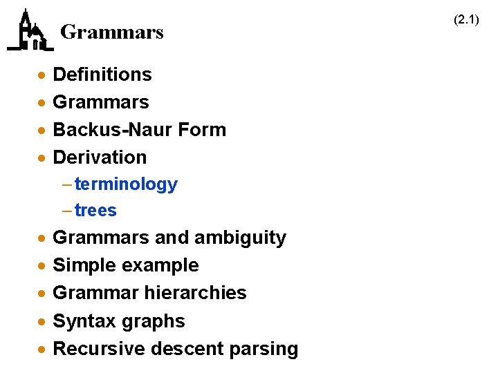 Grammars · · Definitions Grammars Backus-Naur Form Derivation – terminology – trees · ·