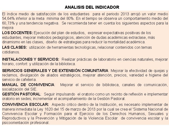 ANALISIS DEL INDICADOR El índice medio de satisfacción de los estudiantes para el periodo