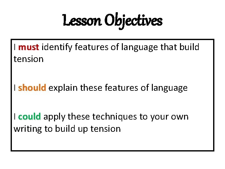 Lesson Objectives I must identify features of language that build tension I should explain