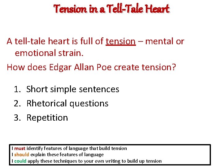 Tension in a Tell-Tale Heart A tell-tale heart is full of tension – mental