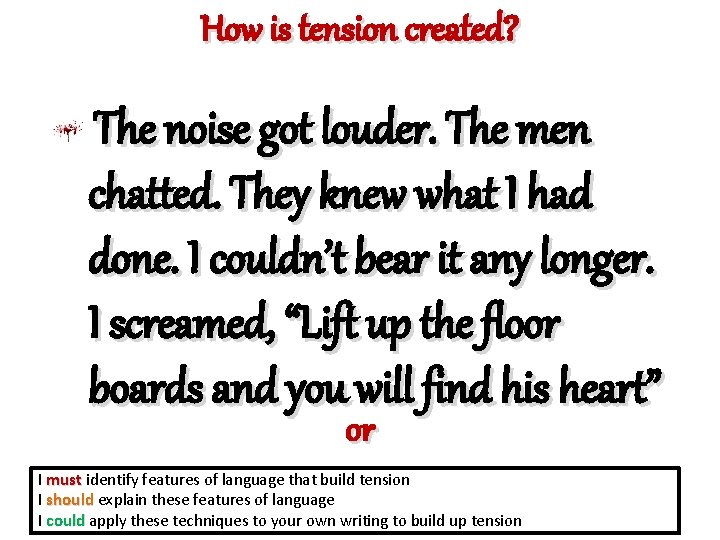 How is tension created? The noise got louder. The men chatted. They knew what