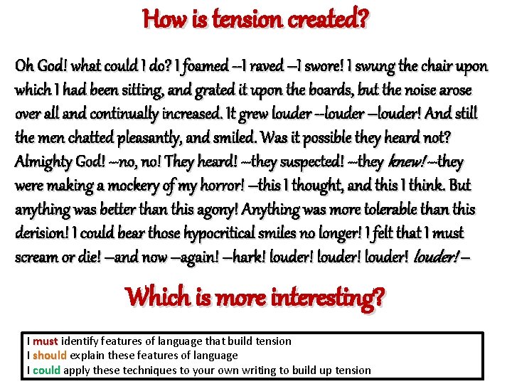 How is tension created? Oh God! what could I do? I foamed --I raved
