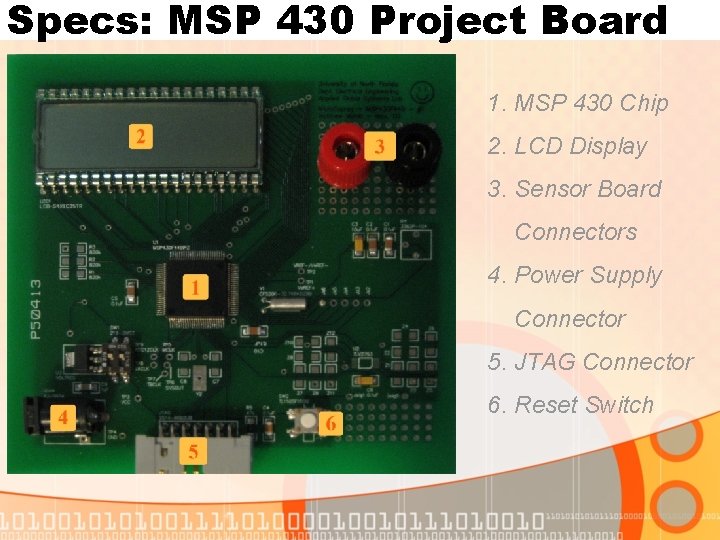 Specs: MSP 430 Project Board 1. MSP 430 Chip 2. LCD Display 3. Sensor