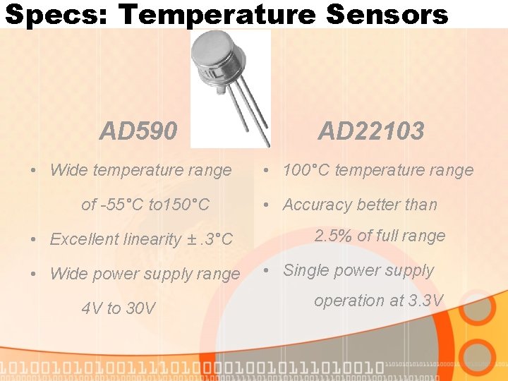 Specs: Temperature Sensors AD 590 • Wide temperature range of -55°C to 150°C •