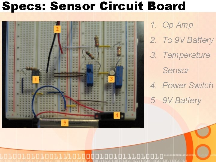 Specs: Sensor Circuit Board 1. Op Amp 2. To 9 V Battery 3. Temperature