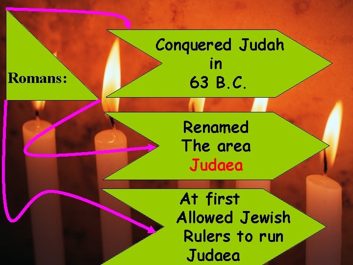 Romans: Conquered Judah in 63 B. C. Renamed The area Judaea At first Allowed