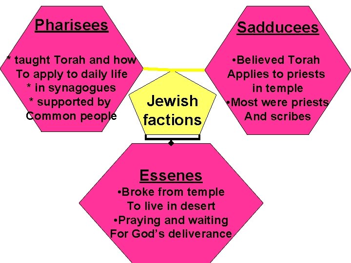 Pharisees Sadducees * taught Torah and how To apply to daily life * in
